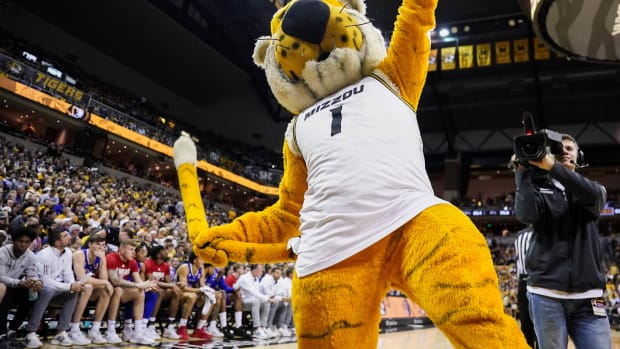 Dec 10, 2022; Columbia, Missouri, USA; The Missouri Tigers mascot Truman entertains fans against the Kansas Jayhawks during the game at Mizzou Arena. Mandatory Credit: Denny Medley-USA TODAY Sports
